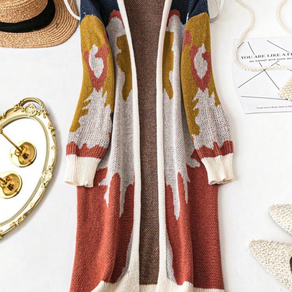 Long Open-Front Colorblock Knit Cardigan Sweater - Rust/Beige/Gold Accents